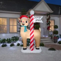 Gemmy Airblown Inflatable Rudolph The Red Nosed Reindeer With North Pole Sign, 7.5 Ft Tall