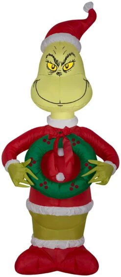 Gemmy Christmas Airblown Inflatable Grinch As Santa W/Wreath Dr. Seuss, 4 Ft Tall, Multicolored