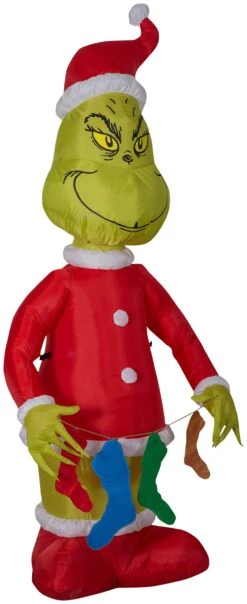 Gemmy Christmas Airblown Inflatable Grinch Holding String Of Stockings, 6.5 Ft Tall, Red -Gemmy 111857 Alt