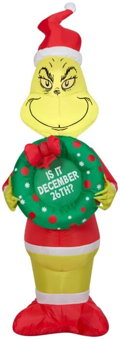 Gemmy Christmas Airblown Inflatable Inflatable Grinch With Wreath, 4 Ft Tall, Yellow