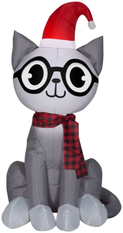 Gemmy Christmas Airblown Inflatable Nerdy Cat, 3.5 Ft Tall, Grey