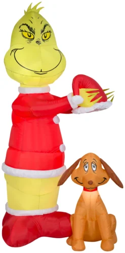 Gemmy Animated Airblown Inflatable Grinch Putting Santa Hat On Max Scene Dr. Seuss, 6 Ft Tall