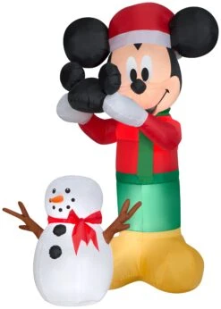 Gemmy Animated Airblown Inflatable Mickey Putting Hat On Snowman Scene Disney, 6 Ft Tall