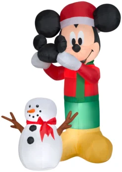 Gemmy Animated Airblown Inflatable Mickey Putting Hat On Snowman Scene Disney, 6 Ft Tall