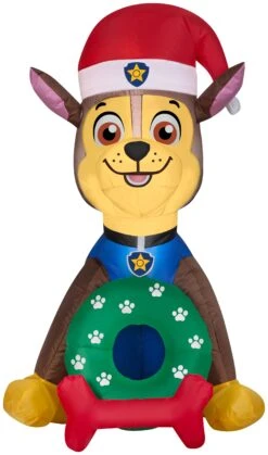 Gemmy Christmas Airblown Inflatable Chase In Santa Hat W/Wreath Nick, 3 Ft Tall, Brown