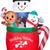 Gemmy Christmas Airblown Inflatable Snowman/Gingerbread/Penguin Mug Scene, 6.5 Ft Tall, Red