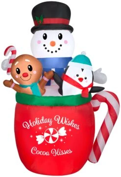 Gemmy Christmas Airblown Inflatable Snowman/Gingerbread/Penguin Mug Scene, 6.5 Ft Tall, Red