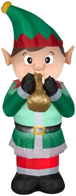 Gemmy Animated Christmas Airblown Inflatable Mixed Media Elf Playing Trumpet, 4 Ft Tall, Green