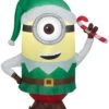 Gemmy Christmas Airblown Inflatable Stuart As Elf W/Candy Cane Universal, 3.5 Ft Tall, White
