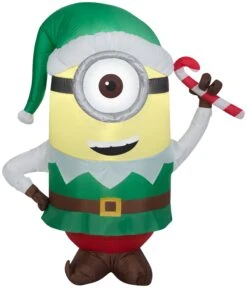 Gemmy Christmas Airblown Inflatable Stuart As Elf W/Candy Cane Universal, 3.5 Ft Tall, White