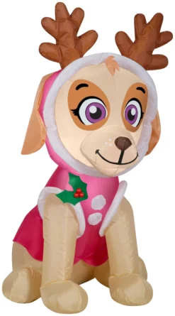Gemmy Christmas Airblown Inflatable Skye In Pink Snow Outfit W/Antlers Nick, 3.5 Ft Tall, Pink