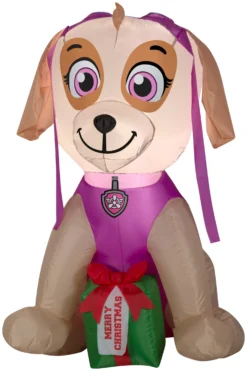 Gemmy Christmas Airblown Inflatable Skye With Present, 3 Ft Tall, Pink