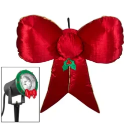 Gemmy Airblown Mixed Media Hanging Velvet Bow With External Spotlight, Red/Gold