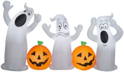 Gemmy Airblown Inflatable Ghost Trio With Jack O' Lanterns, 5 Ft Tall, Orange
