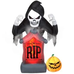 6' Animated Projection Airblown Fog Effect Fire & Ice-Shaking Reaper W/ Tombstone And Pumpkin Scene Halloween Inflatable