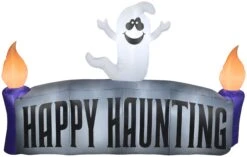 Gemmy Christmas Airblown Inflatable Ghost W/Happy Haunting Sign Scene, 5 Ft Tall, Grey