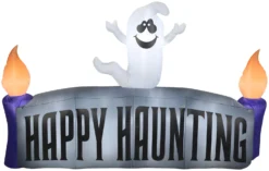 Gemmy Christmas Airblown Inflatable Ghost W/Happy Haunting Sign Scene, 5 Ft Tall, Grey