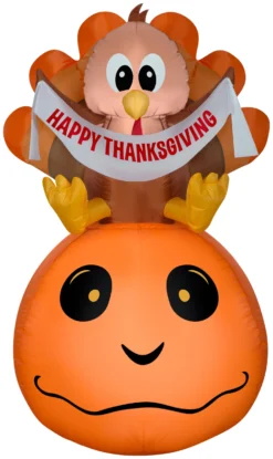 Gemmy Airblown Inflatable Pumpkin And Turkey With Happy Thanksgiving Banner, 4.5 Ft Tall, Orange