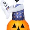 Gemmy Animated Airblown Lifting Mixed Media Whimsical Damask Ghost W/Baby Scene, 6 Ft Tall, Orange