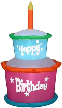 Gemmy Airblown Inflatable Birthday Cake With Candle, 3.5 Ft Tall, Pink