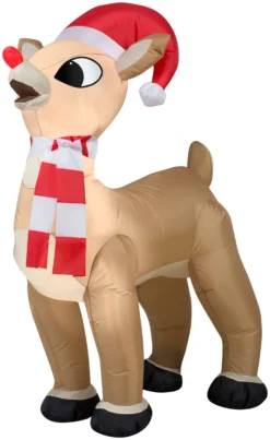 Gemmy Christmas Airblown Inflatable Standing Rudolph W/Santa Hat & Scarf, 3.5 Ft Tall, Brown