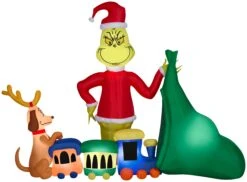 Gemmy Christmas Airblown Inflatable Grinch Putting Train In Santa Sack Scene Dr. Seuss, 6.5 Ft Tall