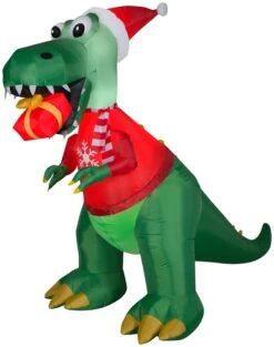 Gemmy Christmas Airblown Inflatable T Rex W/Gift, 7.5 Ft Tall, Green