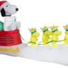Gemmy Christmas Airblown Inflatable Snoopy In Dog Bowl Sleigh W/Woodstocks Scene Peanuts, 5 Ft Tall