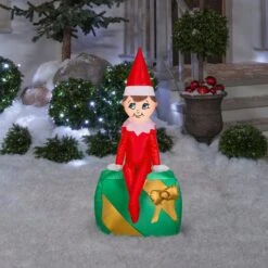42" Light Up Airblown Inflatable Elf On Present, Christmas Yard Decoration
